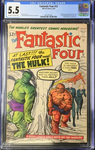 Cover Scan: Fantastic Four #12 CGC FN- 5.5  1st Hulk vs Thing Battle! Jack Kirby Art! - Item ID #379530