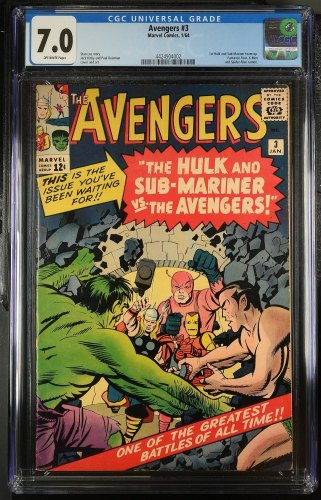 Cover Scan: Avengers #3 CGC FN/VF 7.0 1st Hulk and Sub-Mariner Team-Up! Jack Kirby! - Item ID #380071