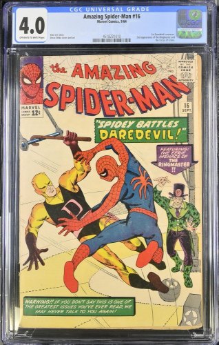 Cover Scan: Amazing Spider-Man #16 CGC VG 4.0 Battles Daredevil! Stan Lee! - Item ID #446419